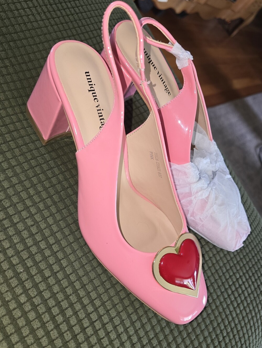 Unique Vintage Pink Patent Slingback Pumps with Red Heart Trim